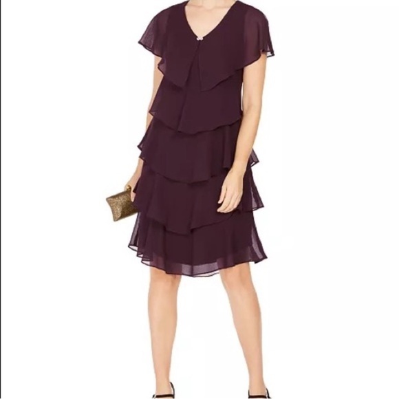 SLNY Dresses & Skirts - SLNY Tiered Caplet Dress Rhinestone Detail Deep Plum Wine Color Women’s Size 14